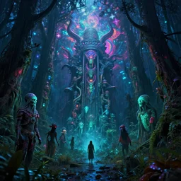 bilibin wlop vfx ancient psychedelic jungle of shamanic entities psychedelic trippy iridescent neon glow starshine illusionary art hyperrealism siconolfini beth sobel rutowski artgerm wu beeple wisp o the willows eerie creepy glow midnight swamp haunted swamp wisps of the willows thomas kincaid rainstorm landscape 8 k
