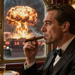 Mr. House, realistic, highly detailed face, looks at the nuclear explosion, from the window of the Lucky 38 Casino, man smokes a cigar, holding in his Hand, arm, hyperdetailed, artstation trending, ultra HD, artstation, photorealism, ultrarealistic, retro, 45mm, elegant,