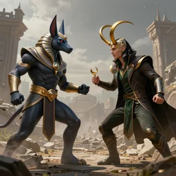 battle to the death between anubis and loki, 4 k, hd, concept art