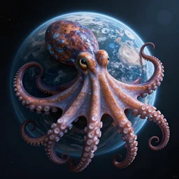 hyperdetailed photo of a anatomical octopus with its tentacles around a planet 8 k extremely detailed hd hyperrealism movie studio fx beautiful