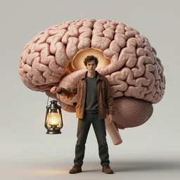 A man inside of a brain trying to find a way out and holding a lantern, fantasy, realistic artwork, trending on artstation, very coherent symmetrical