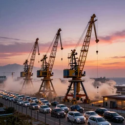 huge machine cranes , queues of cars surrounded by barb wire fences, feedback loop , burst of powders ,volumetric lighting, twisting vapour, bellowing dust , emerging seascape and beautiful sunset , full colour , upscale , 4k