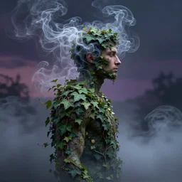 side view of a man made of swirling smoke and tendrils of fog, with ivy, twilight colors and green, cinematic, highly detailed, digital painting, artstation, concept art, smooth, sharp focus, illustration