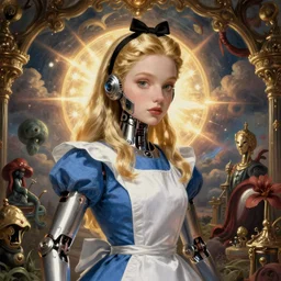machine girl, baroque painting, alice in wonderland heaven and hell