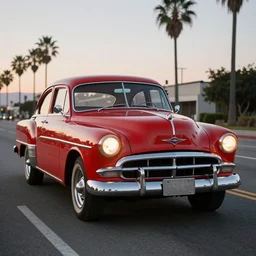 old red sovjet car with bright headlights on the american highway in los angeles during dawn, ultra realistic, professional picture, high detail
