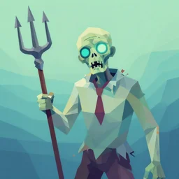 low poly painting by andy warhol of a drowned zombie holding a trident with glowing cyan eyes, wearing ragged clothing, holding a trident, underwater, pastel green and blue color palette