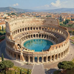 a colosseum like arena with it's central part surrounded with water, view from the sky, detailed painting, 8 k,