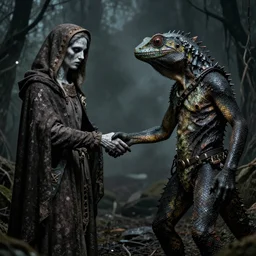 A lizard person shaking hands with a religious icon, horror, black metal