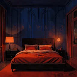 luxury bedroom, mads berg, karolis strautniekas, film noir, stippled light, dramatic lighting, editorial illustration, detailed, fine texture, matte print, art deco, brutalism, dark blue + dark orange, red, black, ( ( habitat 6 7 background ) ) 1 0 2 4