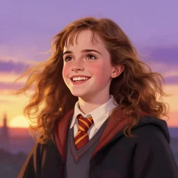 digital art, [ young ] emma watson as hermione granger [ 2 0 0 4 ], medium close up, smiling, happy, joyful, watching the sunset, during golden hour, wind blowing, purple sky, details, sharp focus, illustration, by jordan grimmer and alphonse mucha and greg rutkowski and thomas kinkade, intricate, beautiful, trending on artstation.