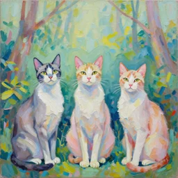 highly detailed contemporary acrylic painting of really tall sitting cats by atey ghailan, thick brush strokes and visible paint layers, dense overgrown forest background, vivid pastel color scheme