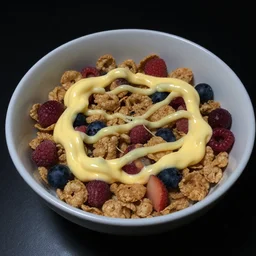 poorly lit photography of mayonnaise thickly slathered on a bowl of fruity breakfast cereal