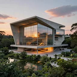 a stunningly detailed arts center designed by Le Corbusier, surrounded by lush green forest, ponds of water, stunning volumetric lighting, sunset, metal, concrete, glass, stunning skies, trending on Artstation, 8k, photorealistic, hyper detailed, unreal engine 5, IMAX quality, cinematic, epic lighting, in the style of Greg Rutkowski