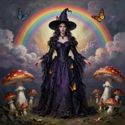 Inspired by Tom Bagshaw, ultra realist soft paint of a curiosity carnival with mushrooms and butterflies, beautiful witch female in full long dress, focus, symmetry accurate features, very intricate details, ominous sky, rainbow lighting, volumetric clouds, god rays