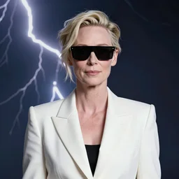 formal portrait of tilda swinton as doc brown from back to the future. lightning background, wearing white jacket and futuristic sunglasses. digital art by eugene de blaas, ross tran, and nasreddine dinet, vibrant color scheme, intricately detailed, in the style of romanticism, cinematic, lighting background, artstation, greg rutkowski
