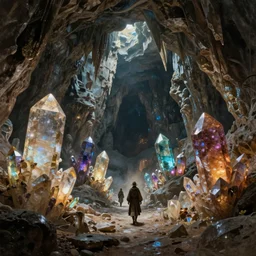 a medieval pilgrimage walking among giant colorful crystals in a gigantic cavern deep underground, dark, fantasy, realistic painting