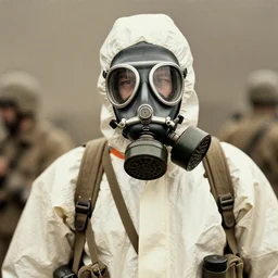 man in a anti-radiation hazmat suit and optical gasmask, ww1 film photo, grainy, high detail, high resolution
