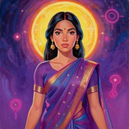 portrait of chrisjen avasarala from the expanse by mandy jurgens, dressed in a sari, cartoon, oil painting, visionary art, magic symbols, holy halo, neon ambient lighting, high detail, vibrant colors,