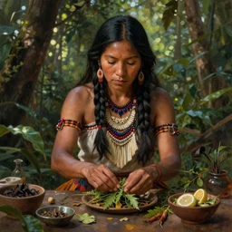 a beautiful indigenous woman preparing plant medicines in the jungle, art by christophe vacher