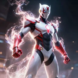 a white and red and black suited superhero, concept art, epic, trending on artstation, very detailed, 4 k, hd, dramtic lighting, flowing energy, glowing energy, volumetric lighting, by jason chan