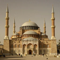 An old mosque with huge dome and tall minarets on Mars,