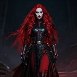 lily - rose depp as sith warrior, determined, powerful, pale makeup, very long flowing bright red hair, wearing black and red imperial sith military robes, full body portrait, centered composition, digital art, 8 k, hypermaximalist, extremely detailed, cinematic, nighttime, dark lighting