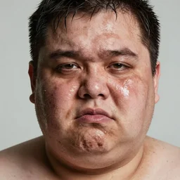 smelly ugly obese man, close up to his wet face