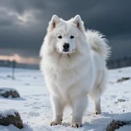 A portrait of a samoyed dog in the snow, an epic fantasy, dramatic lighting, cinematic, establishing shot, extremely high detail, photorealistic, cinematic lighting, artstation, by simon stalenhag, horizon forbidden west
