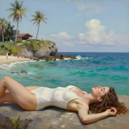 a beautiful woman in a swimsuit!!! lays by the pacific sea, turquoise waters and palm trees, extremely detailed oil painting, sargent and leyendecker, savrasov levitan polenov, bruce pennington, tim hildebrandt, digital art, landscape painting, trending on artstation, masterpiece