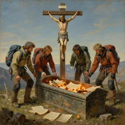 a beautiful detailed painting of a three mountaineers, next to an ancient sarcophagus, setting manuscripts on fire underneath diablo hanged on wooden cross