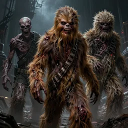 scary horrific zombie chewbacca and rotting wookies, dark star wars fantasy, body horror, sores and scars, undead. highly detailed, biopunk, digital painting, by greg rutkowski, artgerm, giger and alphonse mucha