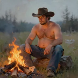 an ethereal painting of a rugged handsome shirtless man with a beer belly and cowboy hat sitting by a campfire. trending on artstation