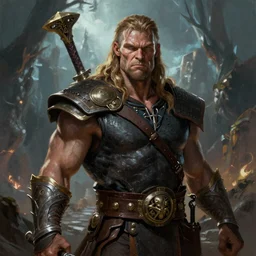comic book style portrait painting of conan the barbarian in a stunning fantasy setting, unreal 5, DAZ, hyperrealistic, octane render, dynamic lighting