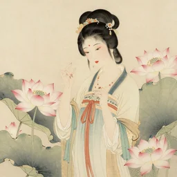 beautiful woman surrounded by lotus, beautiful line art, chinese painting illustration, highly detailed, chinese gongbi