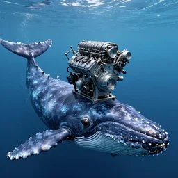 photograph of a v 8 engine and a body of cachalot whale, a cachalot with a diesel v 8 engine on top of the head in the ocean, longer shot, in the style of cyberpunk, fantastic extremely detailed