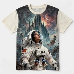 vintage shirt design of an astronaut looking up towards an eerie cathedral on a dystopian planet