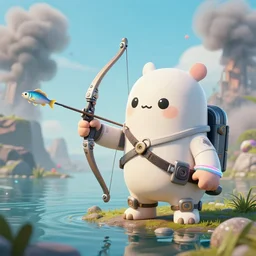 scifi scene, landscape, cute monsters, hold mechanical bow and arrow, wearing brand of off white style, catching fishes, with depth of field, octane render, neon hand sports bracelet, standing on the water ground, with splatoon style, smoke war, comic paint, anorld render, unreal engine render, vfx, octane render, highly quality, artstation, 4 k,
