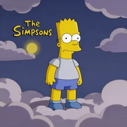 The Simpsons logo floating through cartoon clouds, text says 'The Simpsons', in the style of The Simpsons