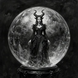 By Tom Bagshaw, ultra realist soft painting of a gloom carnival by night, very beautiful horned single female in long gothic dress transparent glass sphere, symmetry accurate features, very intricate details, omnious sky, black and white, volumetric light clouds