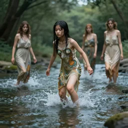a full body shot of a asian girl playing in a river by artgerm, dynamic lighting, ray tracing, tom bagshaw, alphonse mucha, donata giancola, mary jane ansell, atmosphere, realism, octane render, dof, hyperdetailed, 8 k