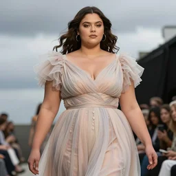 pinterest haute couture, flutter modern design, volume aesthetic, curvy model, trendy tone scheme, sigma 8 5 mm f / 8, high detail, runway photography, professionally retouched, cloudy mood lighting