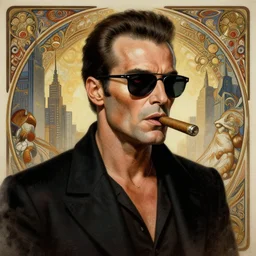 adriano celentano as terminator, one eye is read, cigar, sunglasses, in the style of terminator movie, city landscape, d & d, fantasy, intricate, elegant, highly detailed, digital painting, artstation, concept art, matte, sharp focus, illustration, art by artgerm and greg rutkowski and alphonse mucha