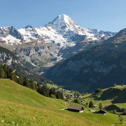 matte painting of beautiful mountain landscape in northern switzerland, by dylan cole, by peter ellenshaw, amazing details, beautiful composition, vibrant colors, bird eye view, cold hue's