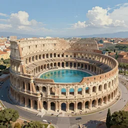a colosseum like arena with it's central part surrounded by water, view from the sky, detailed painting, 8 k