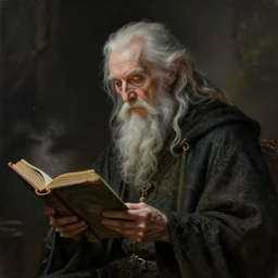 a 1 3 th century, enigmatic, melancholic, fae wizard ( look like ( ( eighty years old christopher lee ) ), is ( ( reading an old book ) ). light dust, magnificent, hyperdetailed, theatrical, painted by hasegawa tohaku
