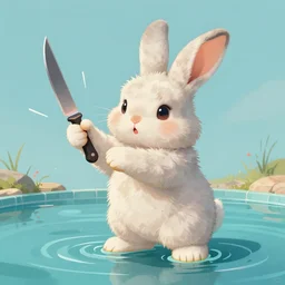 a cute fluffy girl rabbit standing in a pool of water and holding a knife makes slicing motions through the air. Lowbrow, pop surrealism art style, contemporary art illustration, pin-up art, intricate, character concept art, 8K detail post-processing, by Steven Stahlberg, trending on ArtStation