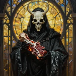 breathtaking detailed painting of grim reaper with bones headdress by ruan jia, meat and marble cloak, golden twilight staned glass, amalgamation of embers, 8 k, concept art, matte, sharp focus, rembrandt style