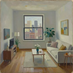 oil paint on canvas, interior of a apartment new york city circa 1 9 4 0