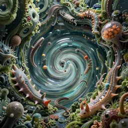 fluida, vortices micro water, aliena, artificia, mollis, gekkolings, gelatinosis glass, nudibranch, lush layered biomechanical fauna, unspaceship, fluox symbiosi crusta, retro futurism octane render, gekko soles gelatin brains, the omni, phantastica, chaos, by peter mohrbacher
