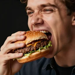 man taking a big bite out of a juicy hamburger